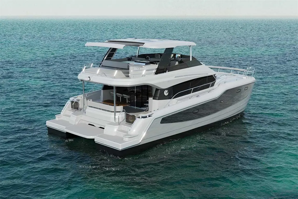 Luxury motor yacht cruising on a calm sea, featuring modern design, spacious deck, and sleek lines for an upscale experience.
